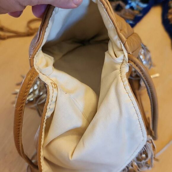 Handmade crochet knit blue open sweater women's size S/M with tan crossbody - Picture 9 of 9